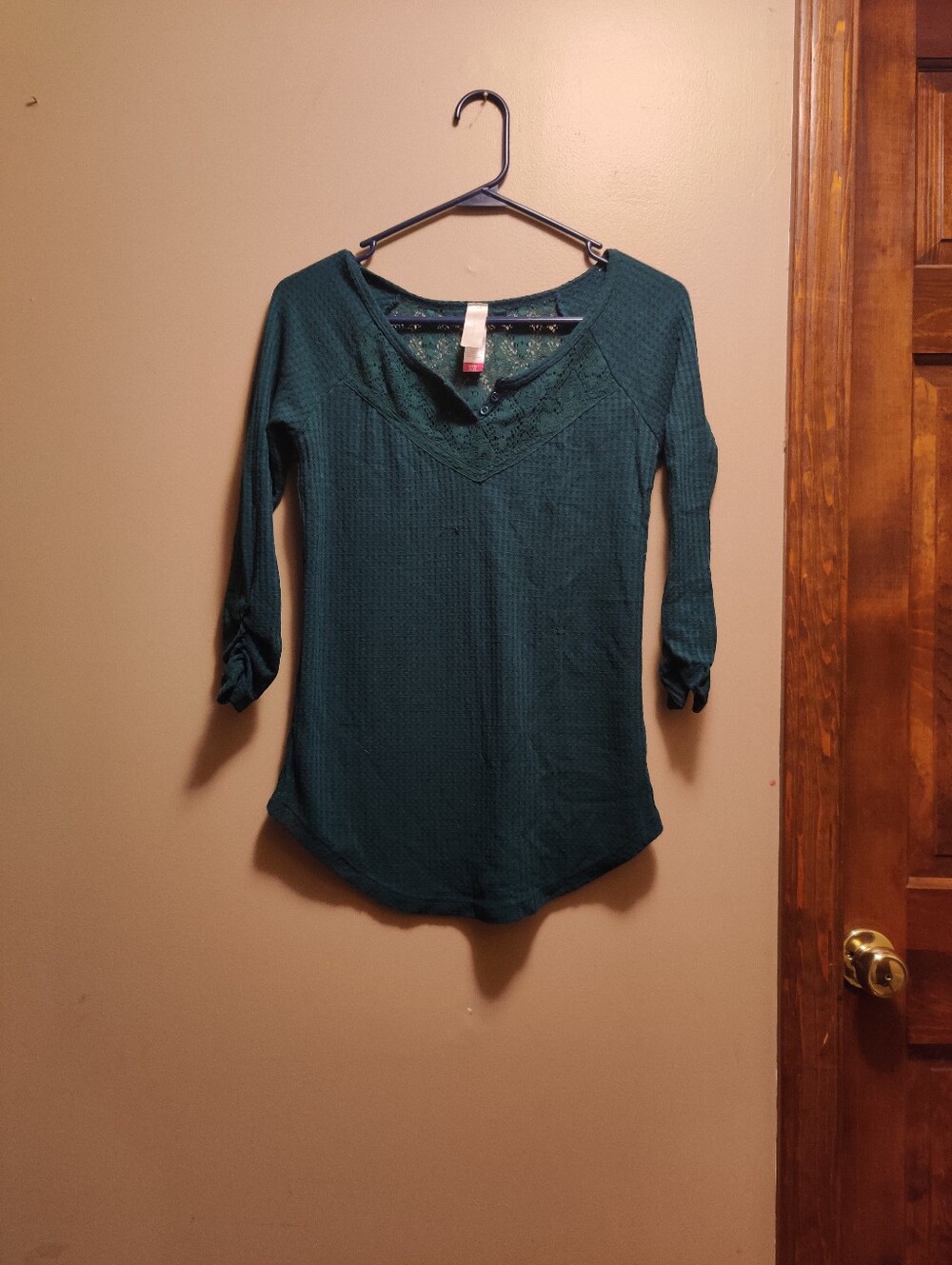 No Boundaries Teal Green Waffle Knit Thermal Top Coquette Lace Y2K Small